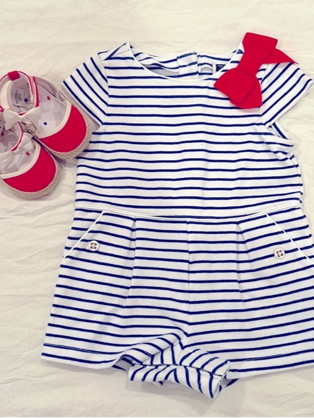 Girls Navy & White Striped Romper with Red Bow Accent and Shoes